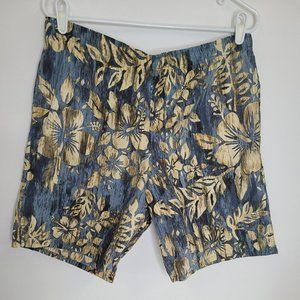SPEEDO Men’s Sz SM Board Shorts Swim Trunks Blue Beige Flowers Hawaiian Hibiscus